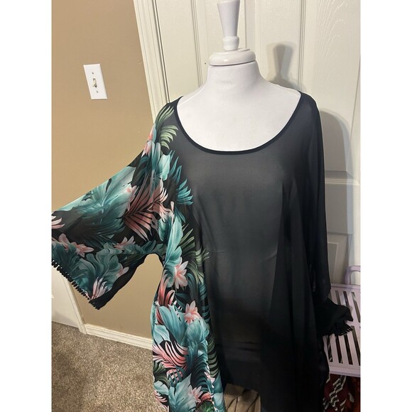 Lands End Women Swim Cover up Tunic Size 1X Sheer Black Floral Trim Beach Palm - Picture 2 of 8